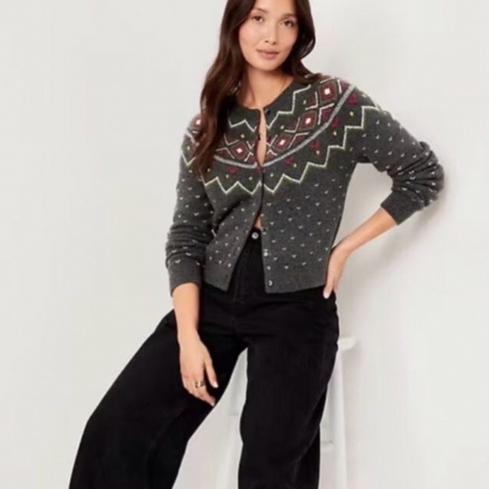 Old Navy SoSoft Fair Isle Cardigan Sweater‎ Charcoal Gray XL Womens Button Front